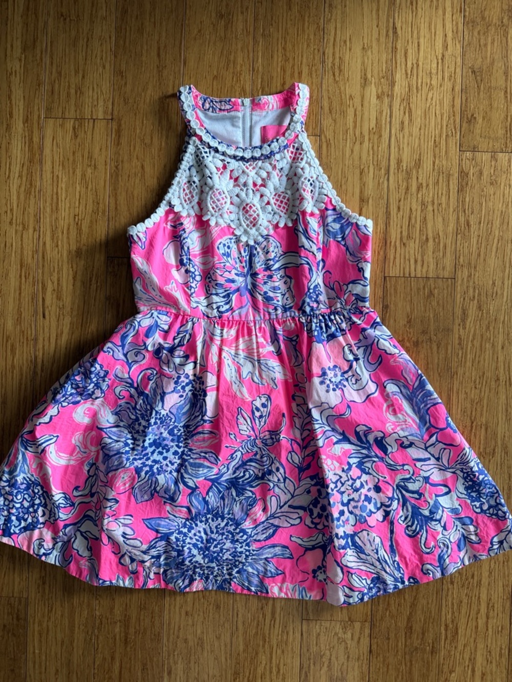Lilly Pulitzer Pink Fit and Flare Dress with Crochet Yoke